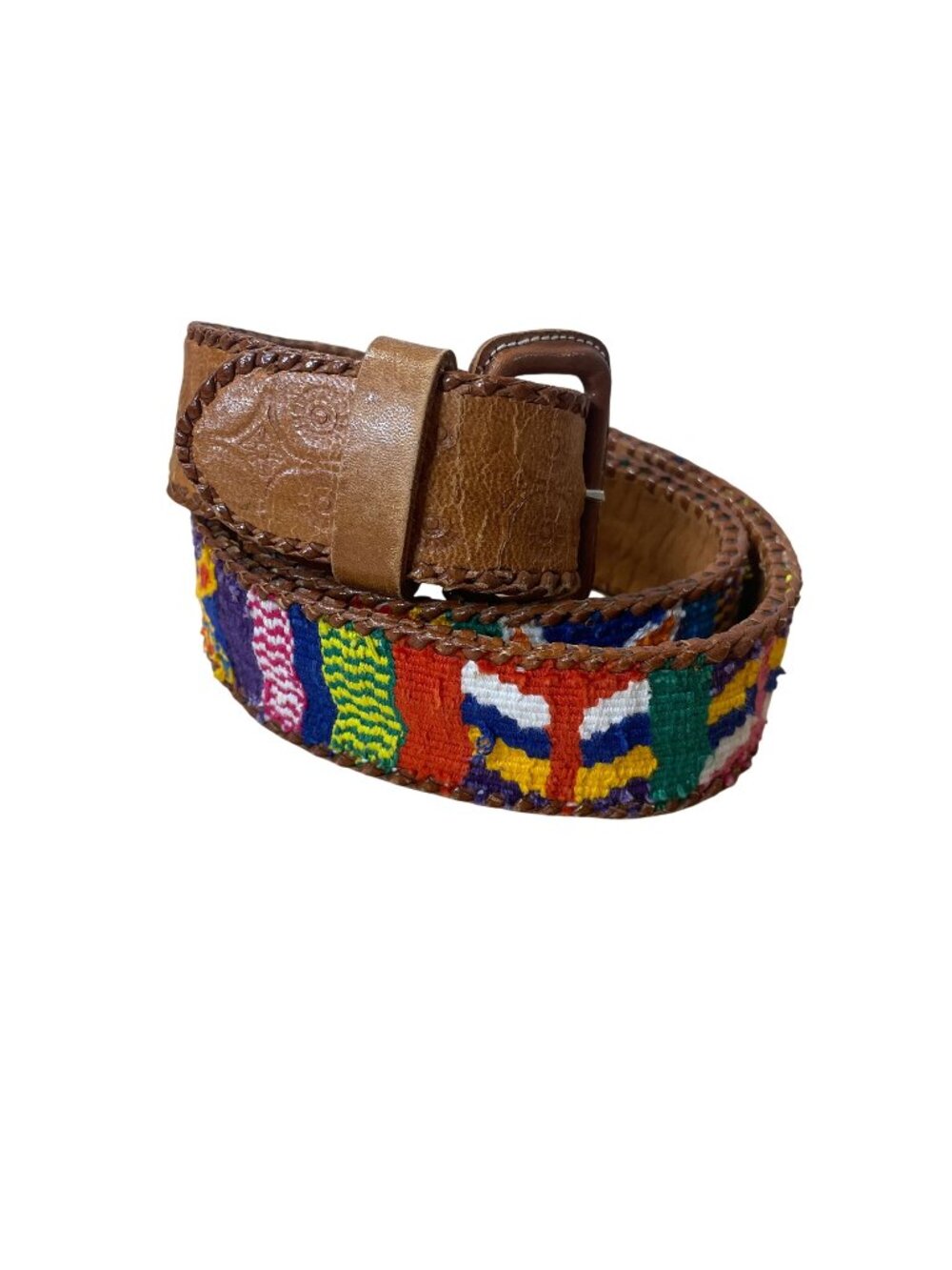 Handmade Guatemalan Distressed Canvas Leather Belt Colorful Unisex 32 Hippie